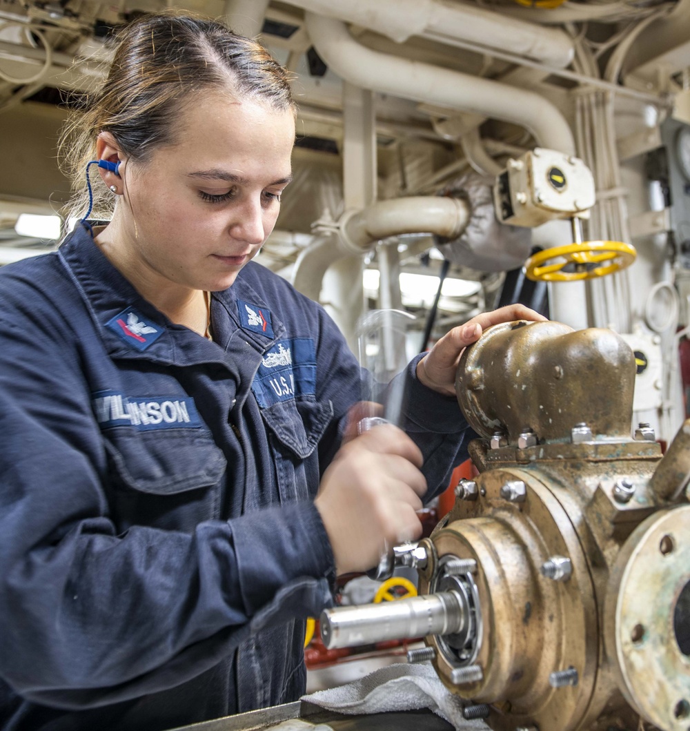 Sailors Aboard USS Milius (DDG 69) Conduct Repairs in the Main Engine Room