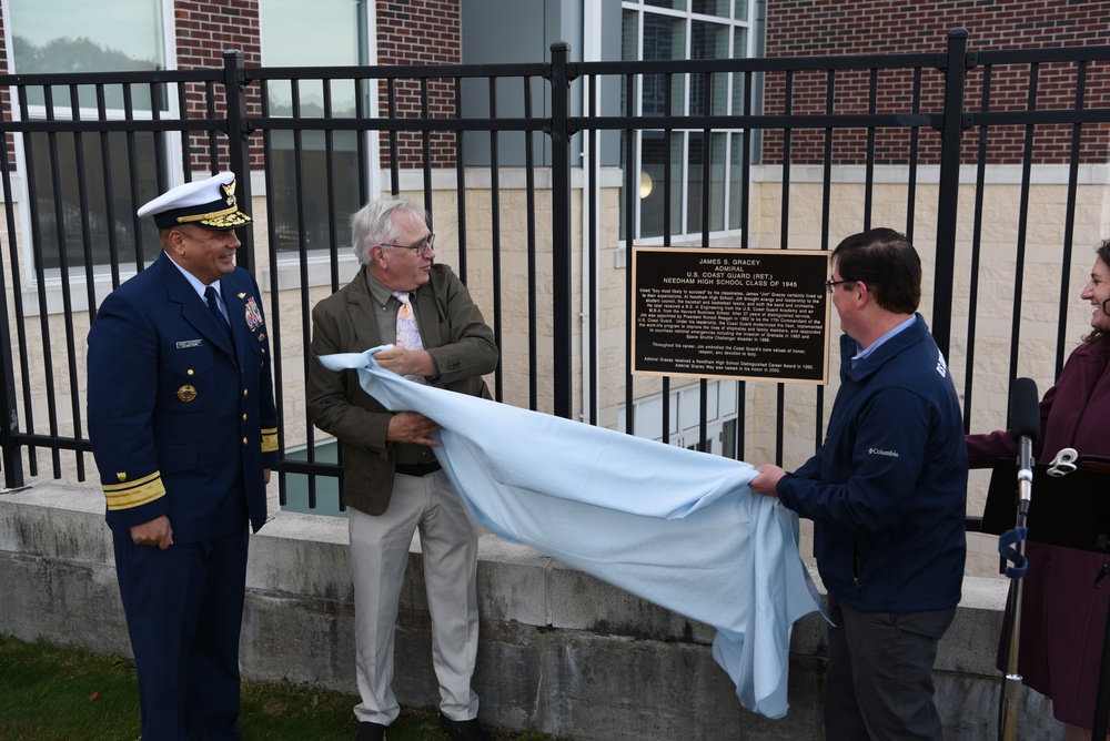 Admiral Gracey Way plaque is revealed during dedication at Needham High School