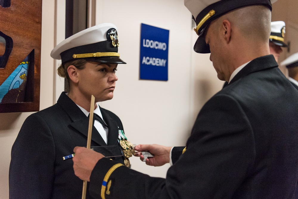 191028-N-TE695-0008 NEWPORT, R.I. (Oct. 28, 2019) -- Limited Duty Officer/Chief Warrant Officer (LDO/CWO) Academy class officer conducts uniform inspection