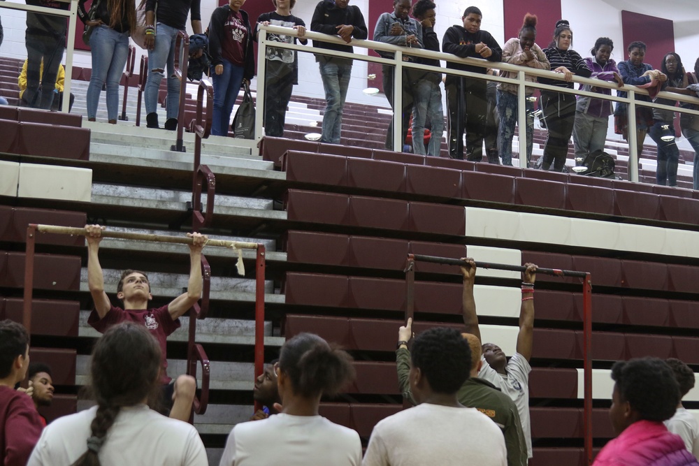 Marines engage students during USMC Sports Leadership Academy