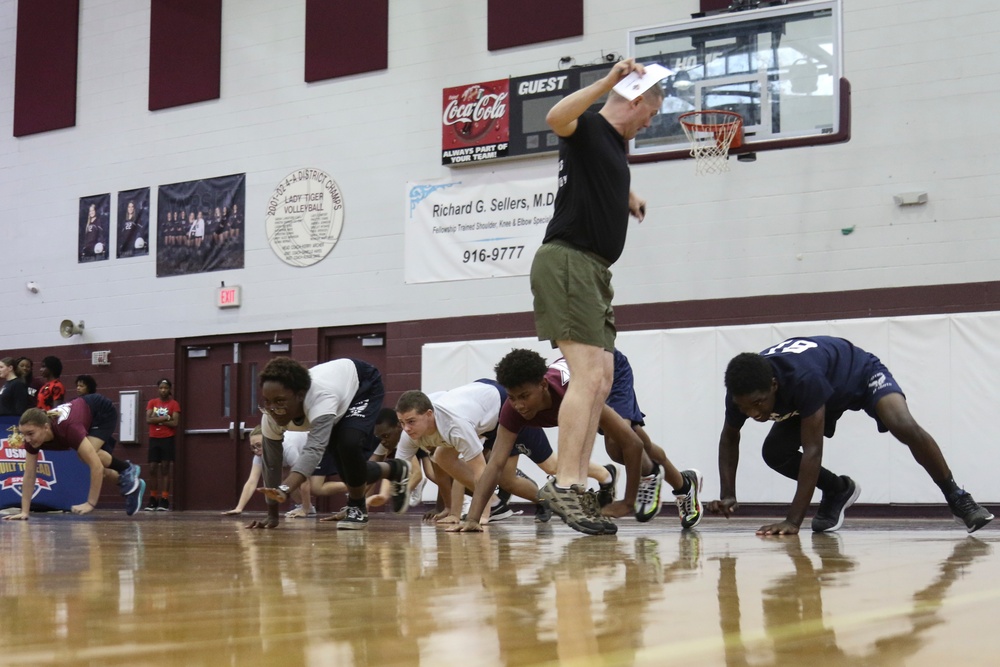 Marines engage students during USMC Sports Leadership Academy