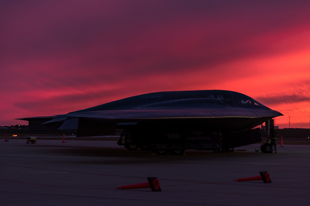 A B-2 Spirit Stealth Bomber from Whiteman AFB sits on the flight line