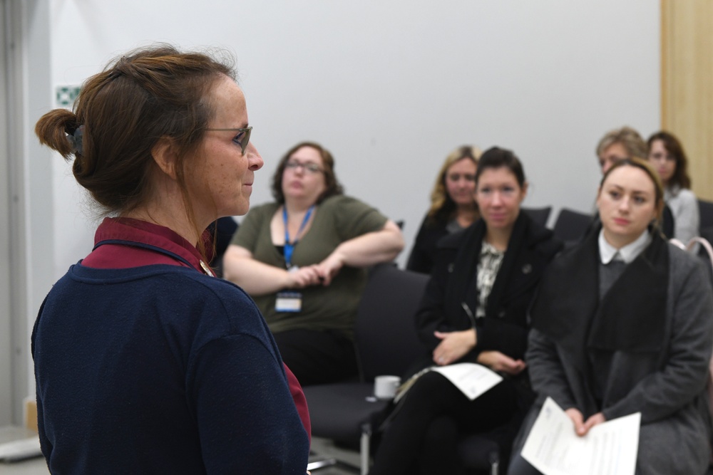 Liberty Wing spouses participate in a group discussion as part of a nurse recruitment event at West Suffolk Hospital, England, Oct. 22.