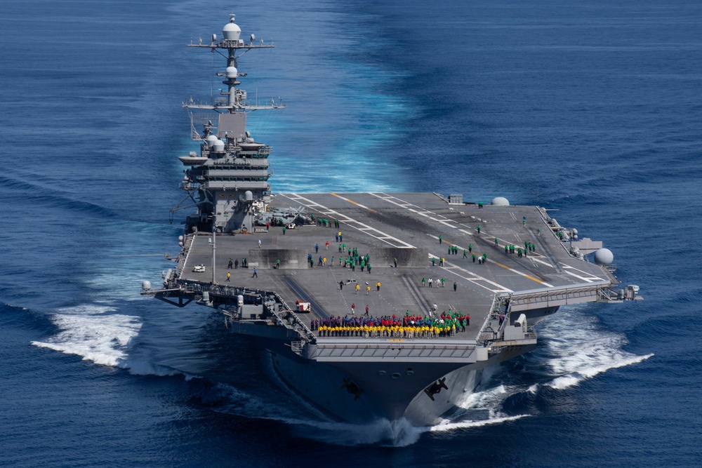 The aircraft carrier USS John C. Stennis (CVN 74) steams through the Atlantic Ocean