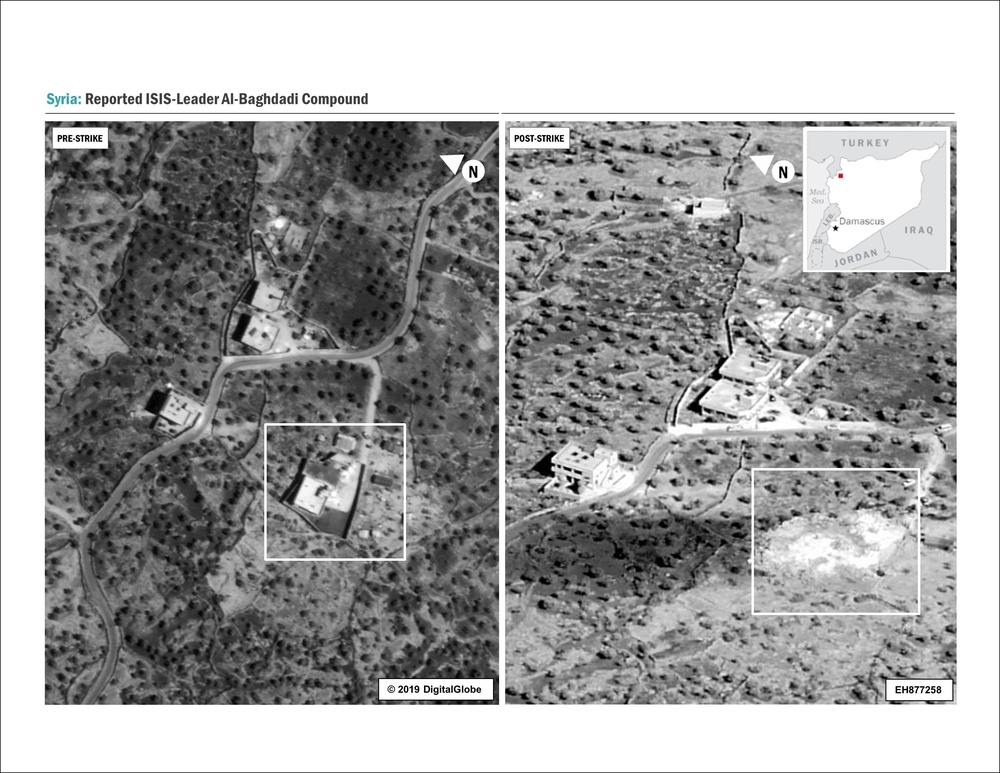 A side-by-side comparison of the compound before and after the raid. No collateral damage to adjacent structures.