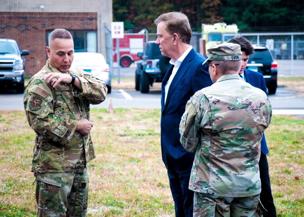Gov. Lamont visits troops who assisted with B-17 crash recovery