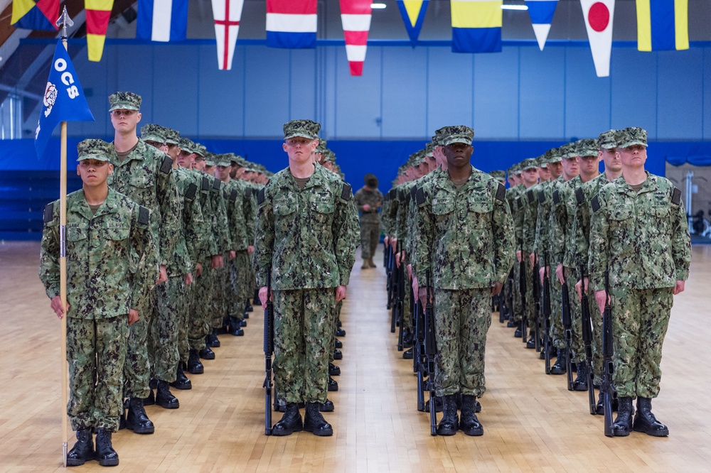 191031-N-TE695-0010 NEWPORT, R.I. (Oct. 31, 2019) -- Navy Officer Candidate School students perform drill and ceremony