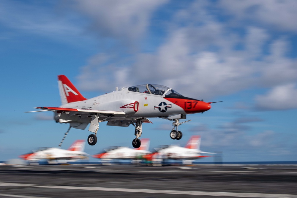 A T-45C Goshawk lands on the flight deck