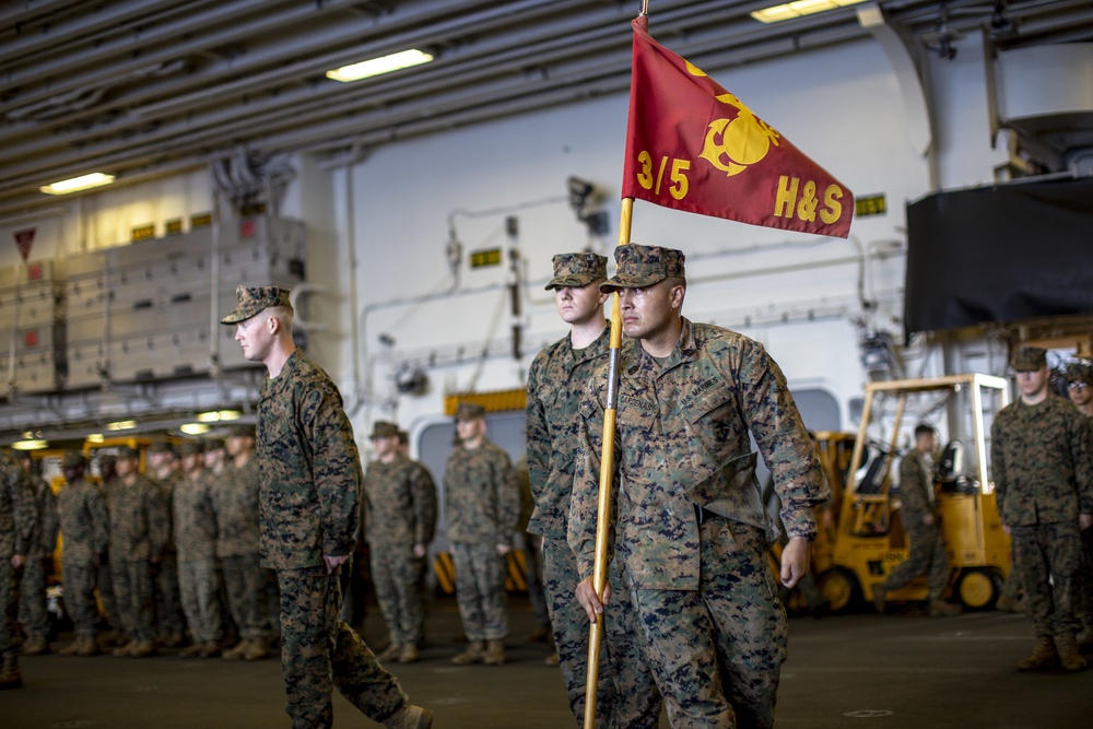 Headquarters and Service Company, BLT 3/5, 11th MEU change of command ceremony aboard USS Boxer