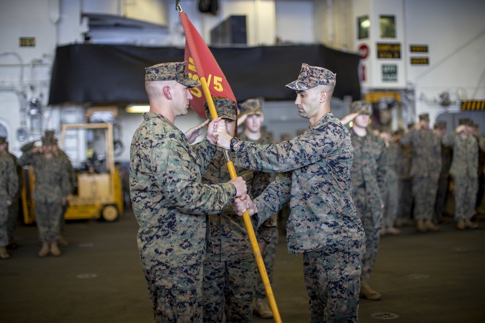 Headquarters and Service Company, BLT 3/5, 11th MEU change of command ceremony aboard USS Boxer
