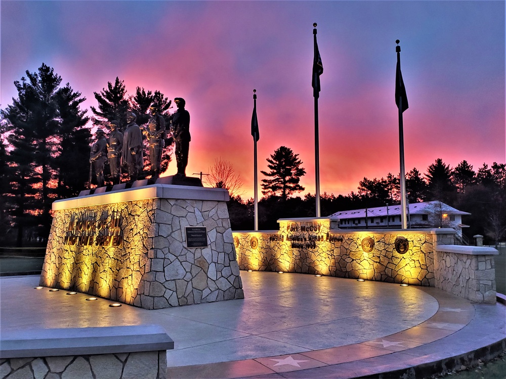 Morning light at Fort McCoy's Veterans Memorial Plaza