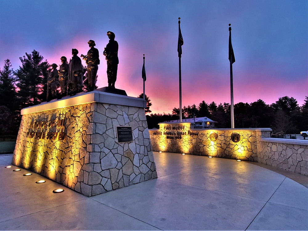 Morning light at Fort McCoy's Veterans Memorial Plaza