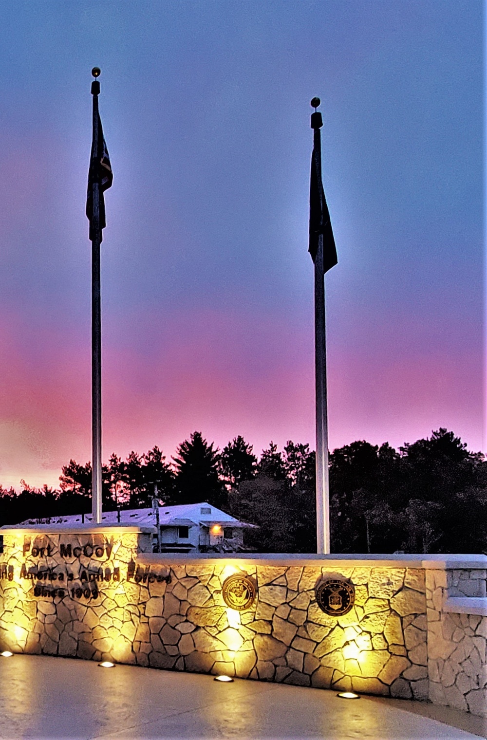 Morning light at Fort McCoy's Veterans Memorial Plaza