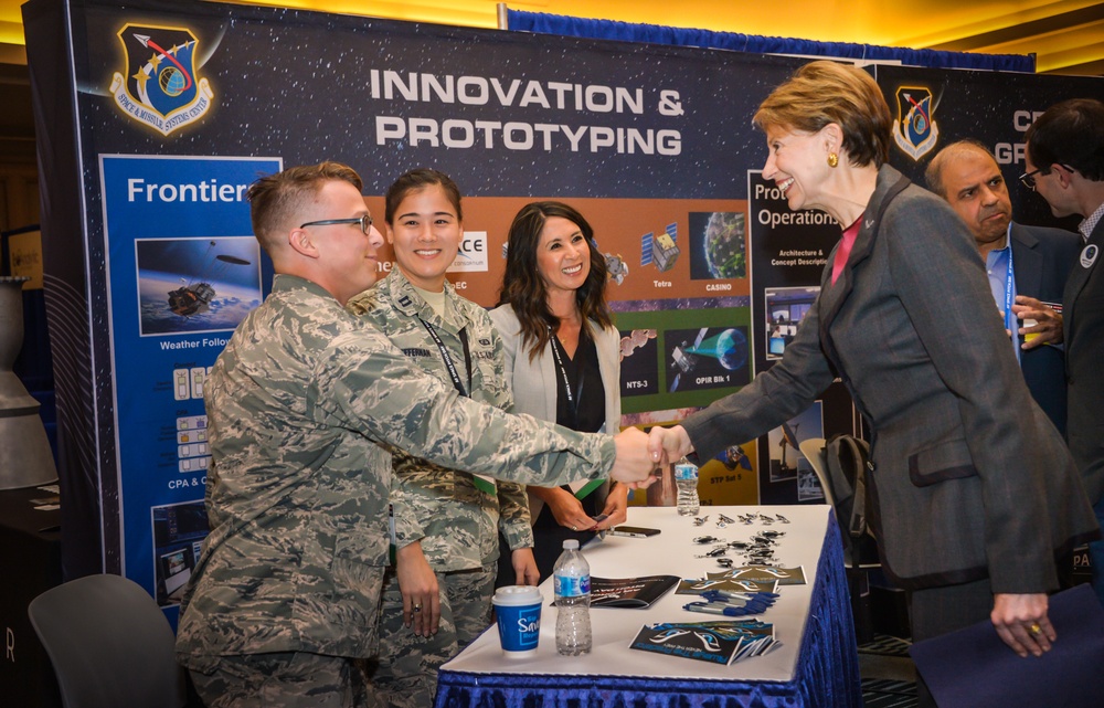 Secretary of the Air Force Barbara Barrett speaks at the U.S. Air Force Space Pitch Day