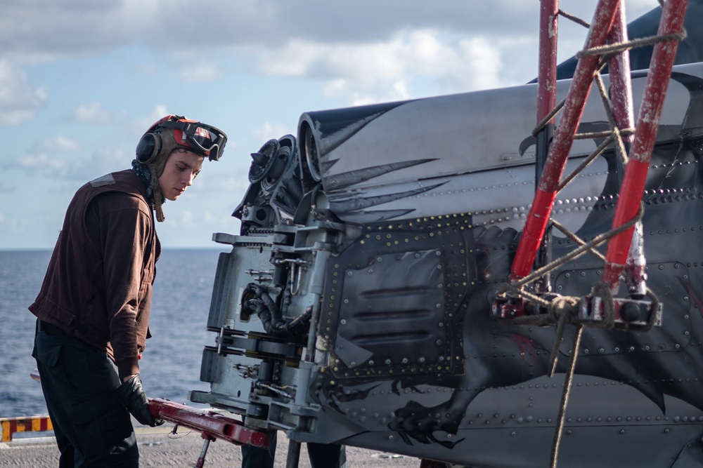 U.S. Sailor conducts preflight checks on an MH-60S Sea Hawk assigned to Helicopter Sea Combat Squadron (HSC) 6