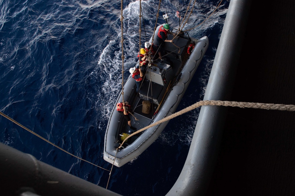 U.S. Sailors get lowered in a RHIB