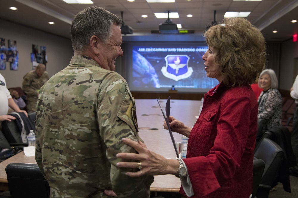 U.S. Air Force Lt. Gen. Brad Webb, commander of Air Education and Training Command, speaks with Vickie McCall, civic leader, Nov. 6, 2019
