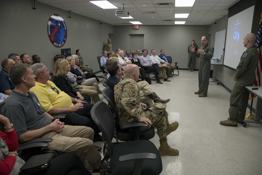 U.S. Air Force Maj. Gen. Mark Weatherington, Air Education and Training Command deputy commander, briefs civic leaders Nov. 6, 2019