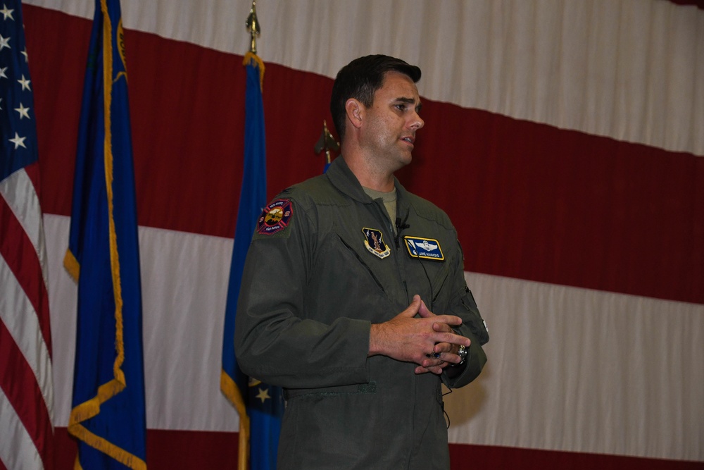 Col. Jacob Hammons, Commander of the 152nd Airlift Wing holds his first Commander's Call