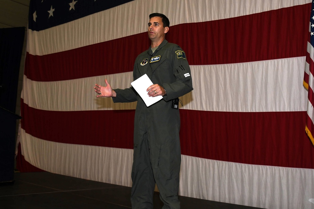 Col. Jacob Hammons, Commander of the 152nd Airlift Wing holds his first Commander's Call