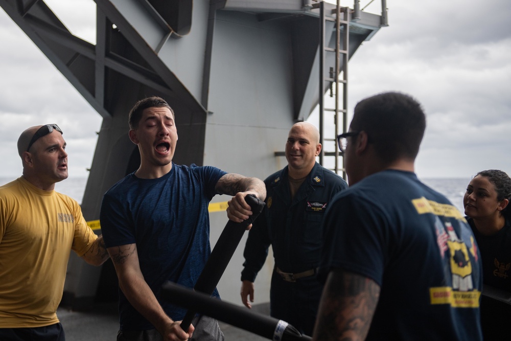 U.S. Sailor participates in a non-lethal weapons and Oleoresin Capsicum (OC) spray training course