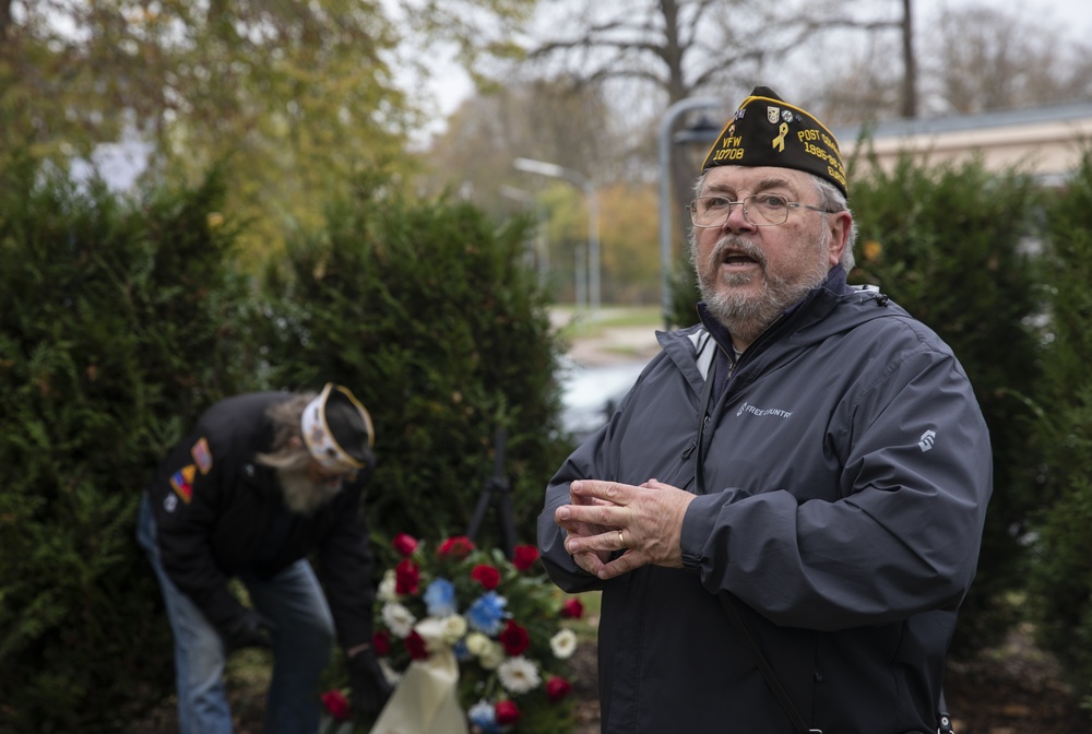 VFW Posts 10708 and 9342 lay a wreath in memory of the fallen and retire U.S. flags during a ceremonial flag burning