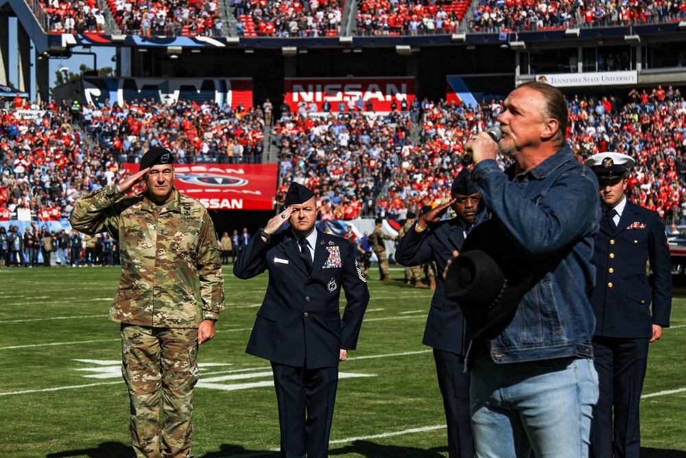 Soldiers of the 101st Combat Aviation Brigade, 101st Airborne Division (Air  Assault), fly over Nissan Stadium during the Tennessee Titans' Salute to  Service Military Appreciation Game Nov. 10, Nashville, Tn. The Salute