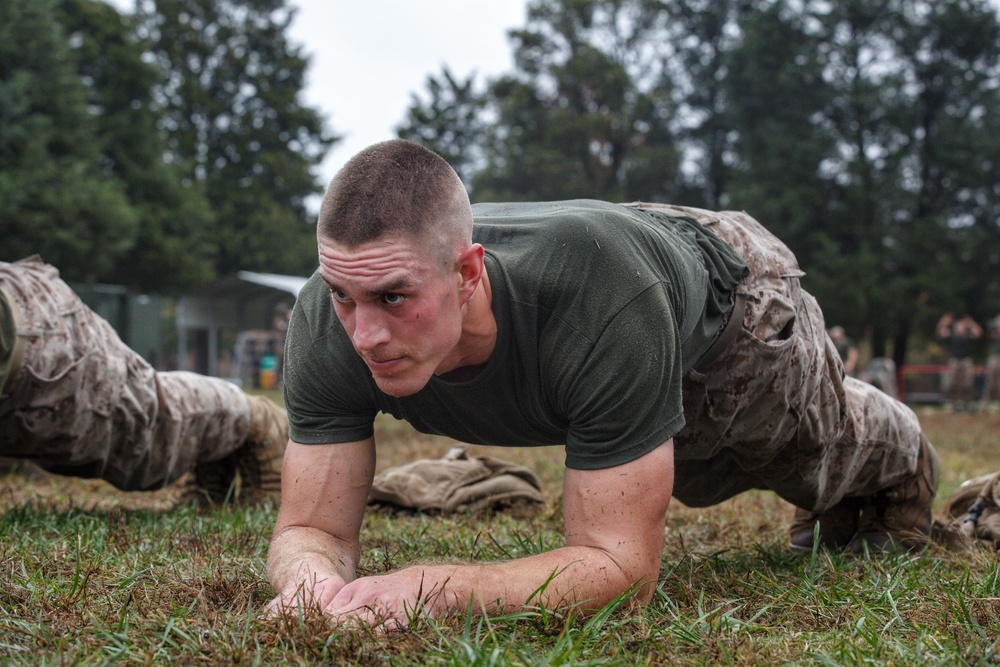 Noah Furbush participates in physical training at Marine Corps Officer Candidates School