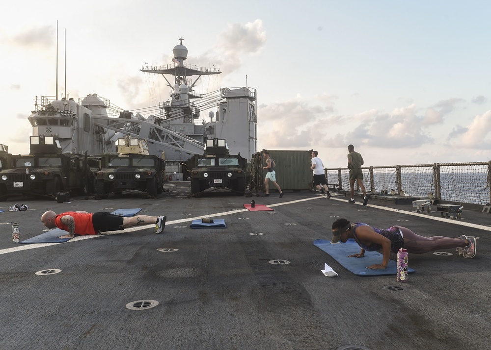USS Germantown (LSD 42) HM2 promotes work out of the day