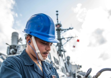 A Sailor Aboard USS Milius (DDG 69) Tests a Mark 32 Surface Vessel Torpedo Tube