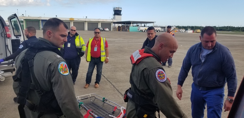 Coast Guard MH-65 Dolphin helicopter crew medevacs German citizen passenger from Aida Perla cruise ship just off Ponce, Puerto Rico