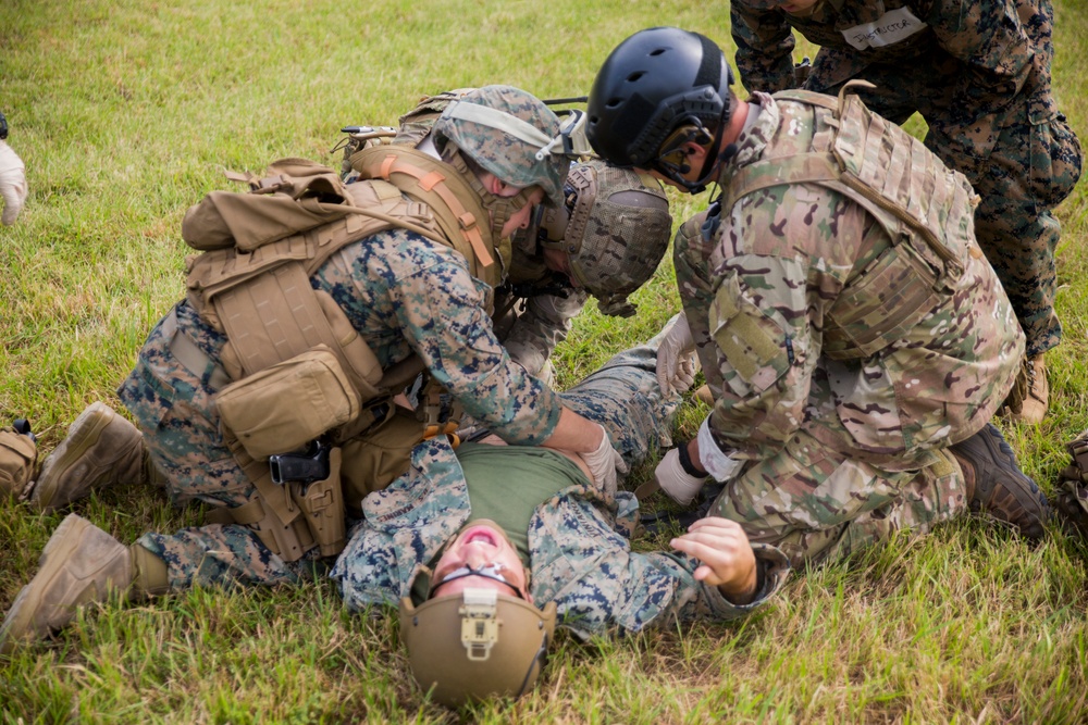 CLB Naval Corpsman and Air Force Pararescuemen conduct mass casualty excercise
