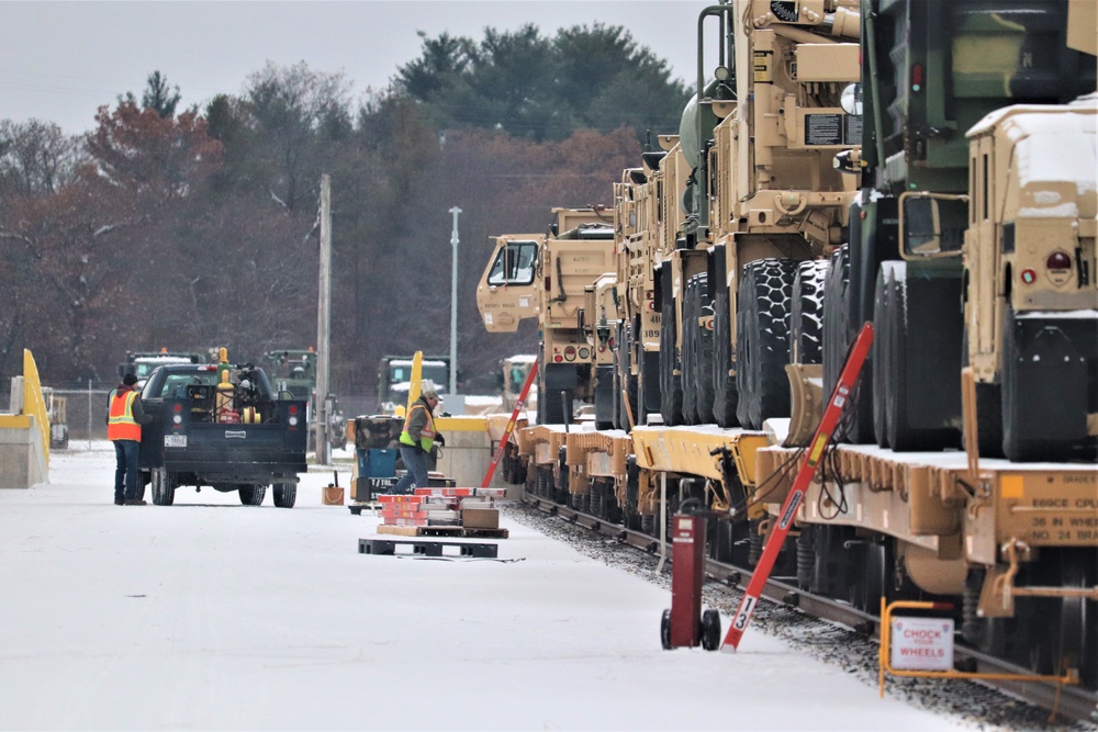 Engineer company Soldiers unload vehicles, equipment from railcars following 2019 Operation Resolute Castle deployment