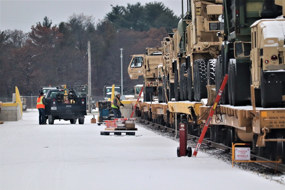 Engineer company Soldiers unload vehicles, equipment from railcars following 2019 Operation Resolute Castle deployment