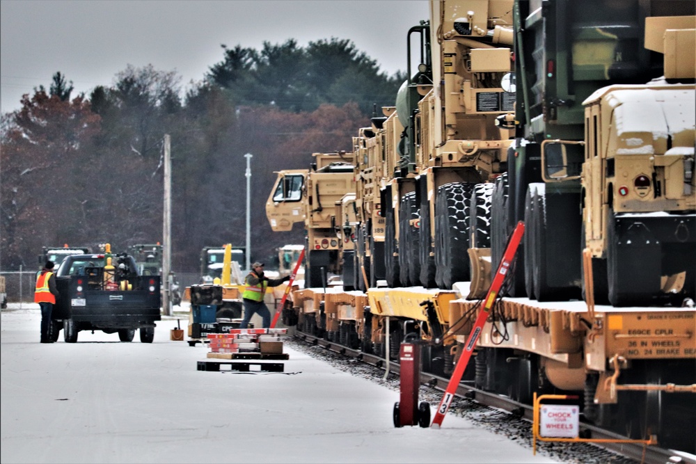 Engineer company Soldiers unload vehicles, equipment from railcars following 2019 Operation Resolute Castle deployment