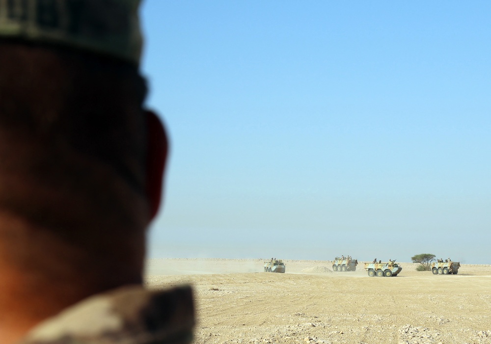 Task Force Spartan soldier watches Qatar armoured vanguard vehicles