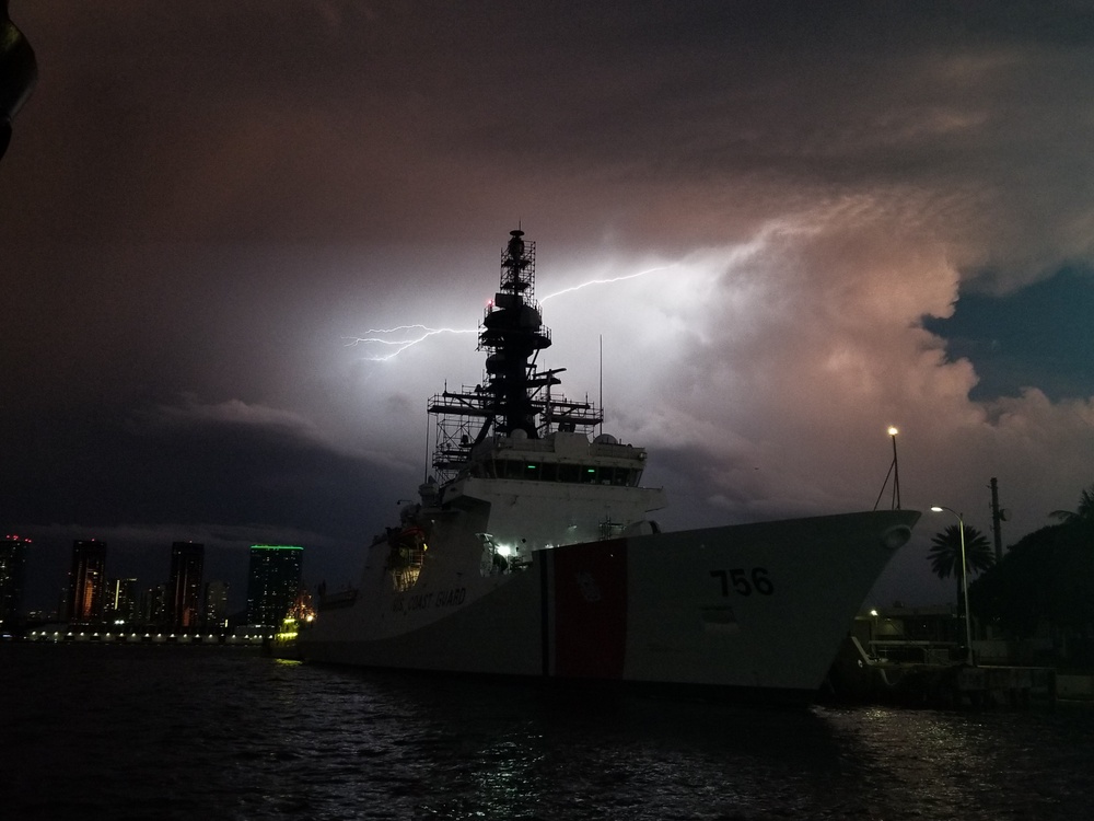 USCGC Kimball during storm at Base Honolulu