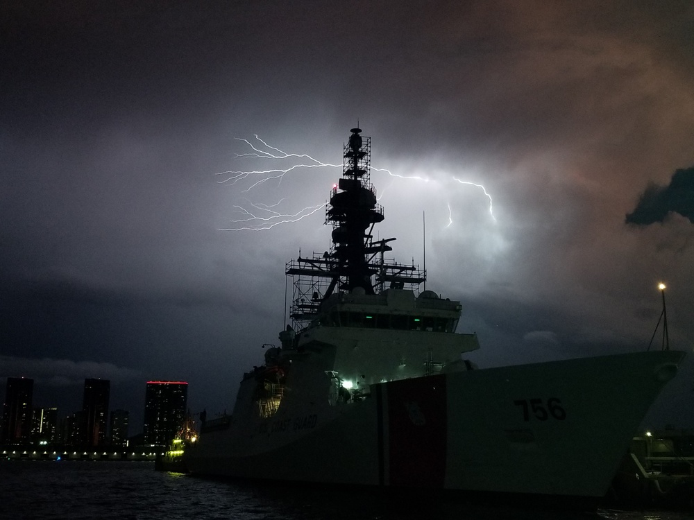 USCGC Kimball during storm at Base Honolulu
