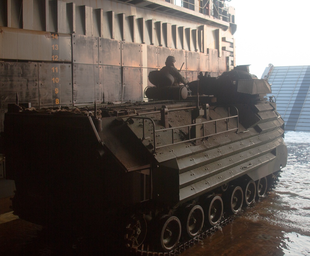 U.S. Marine Corps AAV's prepare to splash off USS Germantown during exercise Tiger TRIUMPH