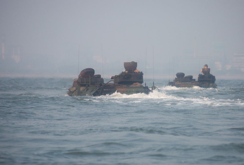 U.S. Marine Corps AAV's travel through the Bay of Bengal during exercise Tiger TRIUMPH