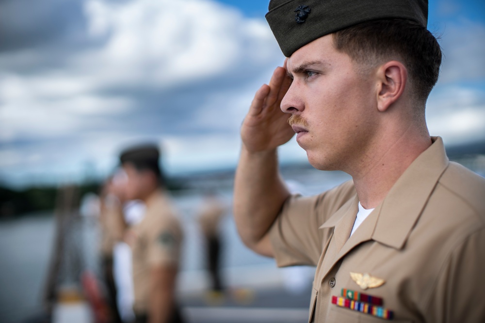 Marines and Sailors Man the Rails aboard USS John P. Murtha