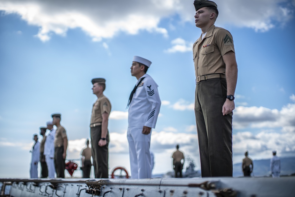 Marines and Sailors Man the Rails aboard USS John P. Murtha