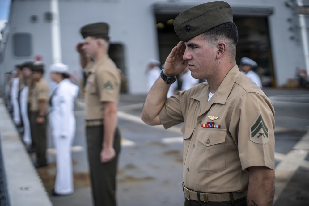 Marines and Sailors Man the Rails aboard USS John P. Murtha