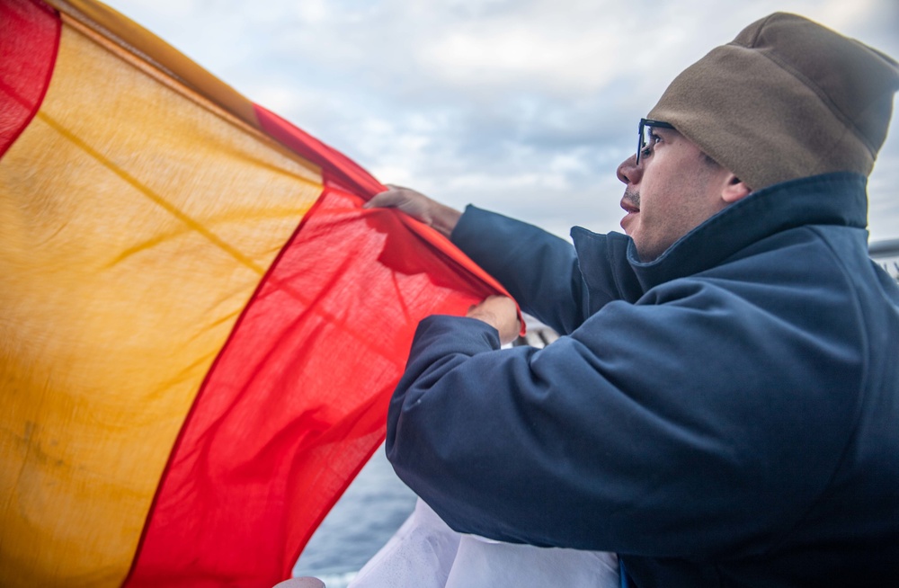 USS Harpers Ferry Conducts Flag Hoist Exercise