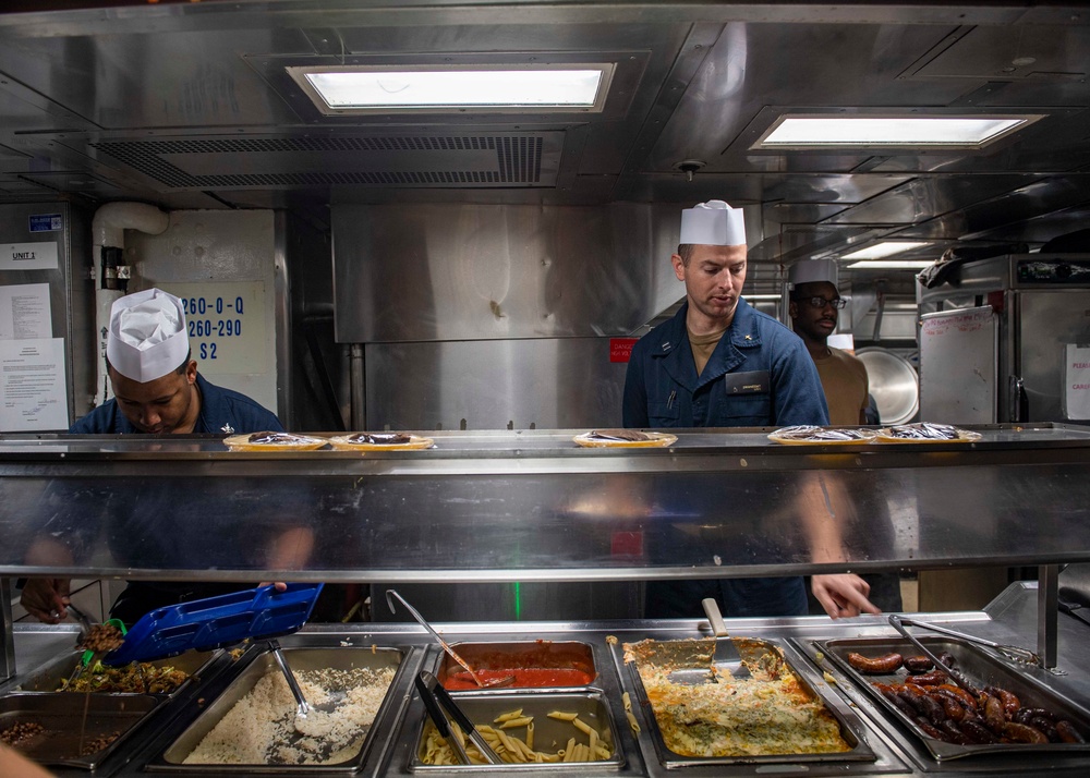 USS Normandy Religious Program Specialist, Chaplain Serve Lunch