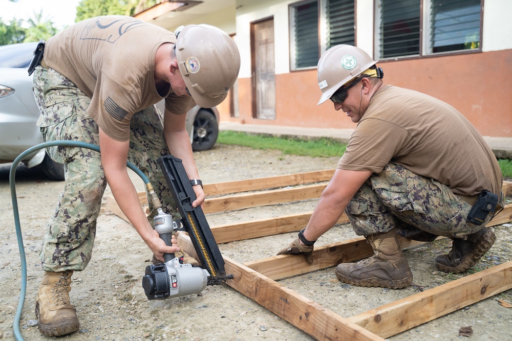 U.S. Navy Seabees deployed with NMCB-5’s Detail Pohnpei continue construction on Pehleng Elementary School