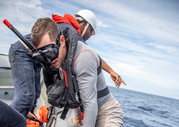 Sailors Assigned to USS Milius (DDG 69) Conduct Man-Overboard Training from RHIB