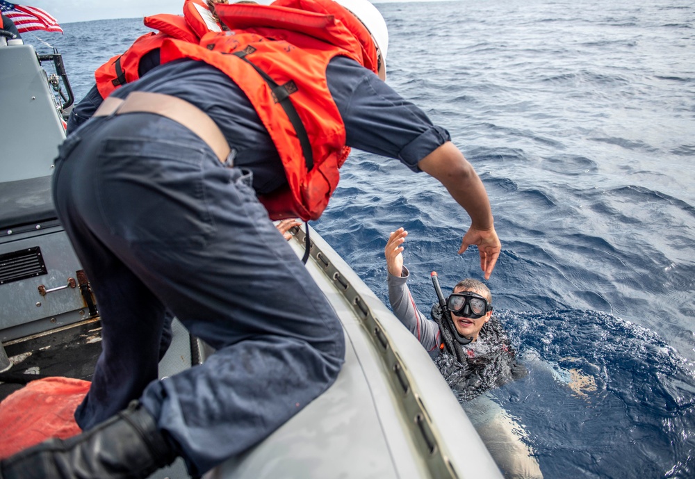 Sailors Assigned to USS Milius (DDG 69) Conduct Man-Overboard Training from RHIB