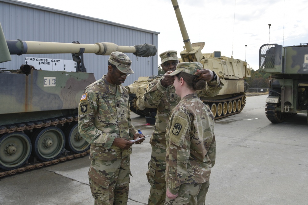 South Carolina National Guard female Field Artillery Soldier progresses through ranks, promotes as non commissioned officer
