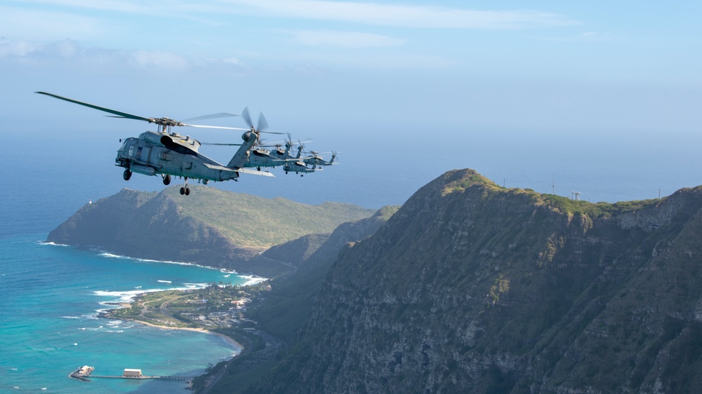 HSM 37 Helicopters Fly In Formation Around Oahu